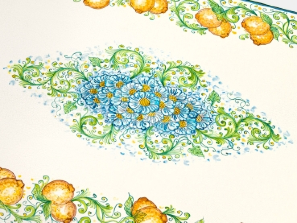 Table ovale en pierre de lave peinte à la main avec citrons et marguerites